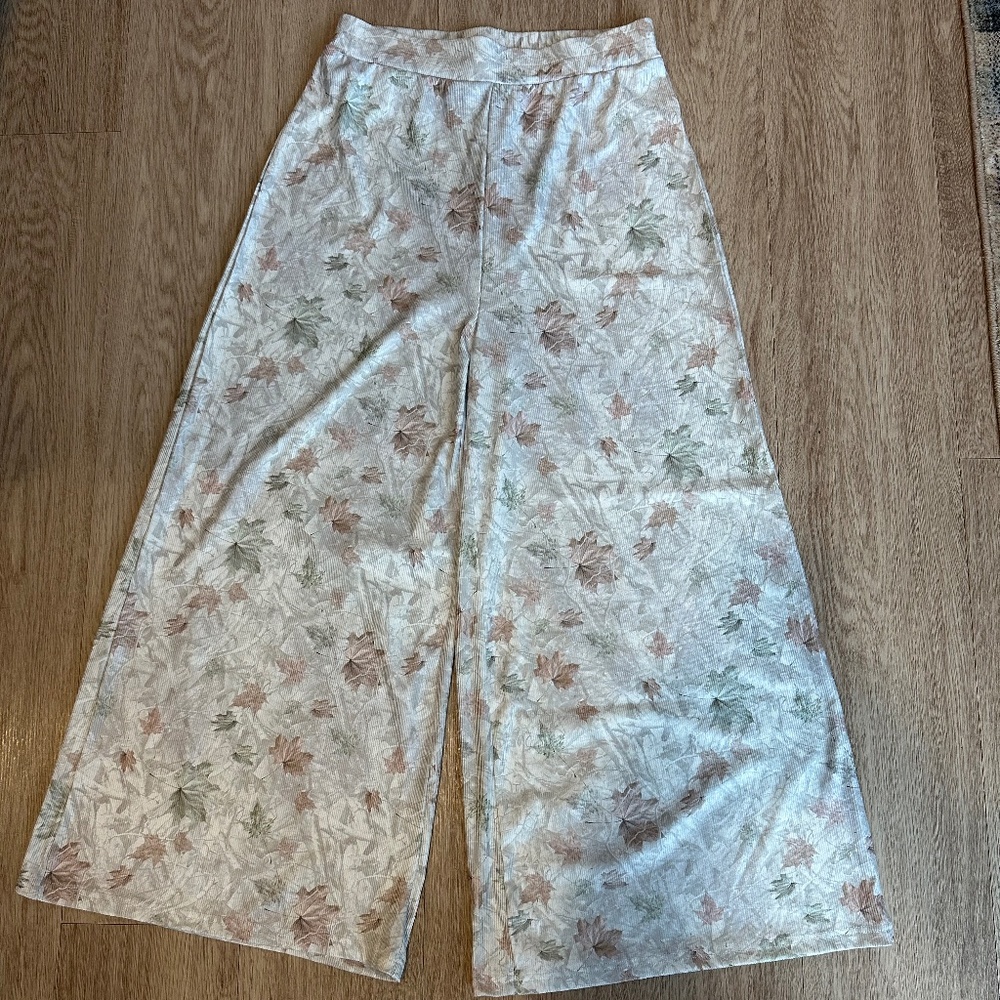 Wide leg lounge pants in leaf pattern; by wknd chasers